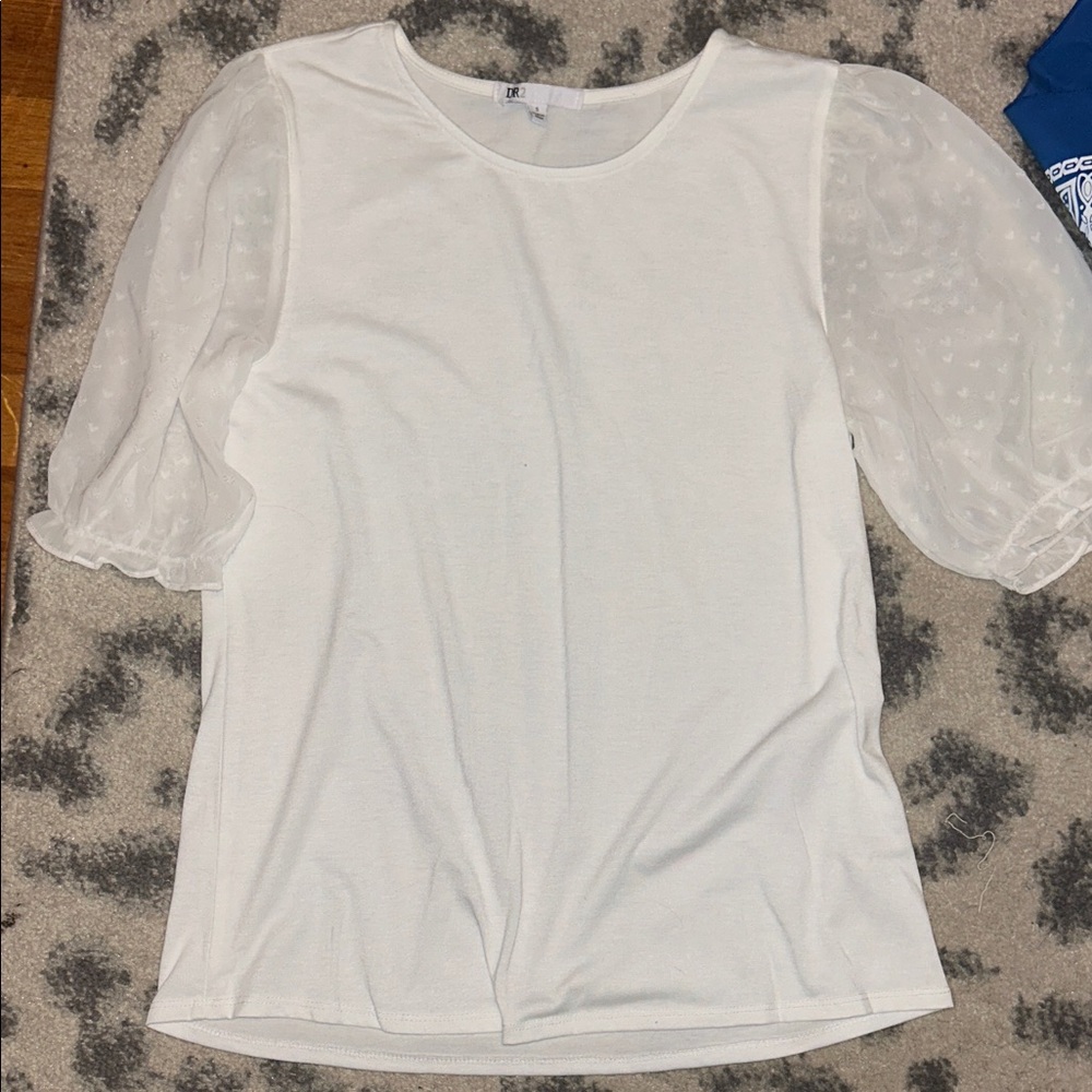 DR2 White Puff Sleeve Blouse with Sheer Polka Dot Sleeves
